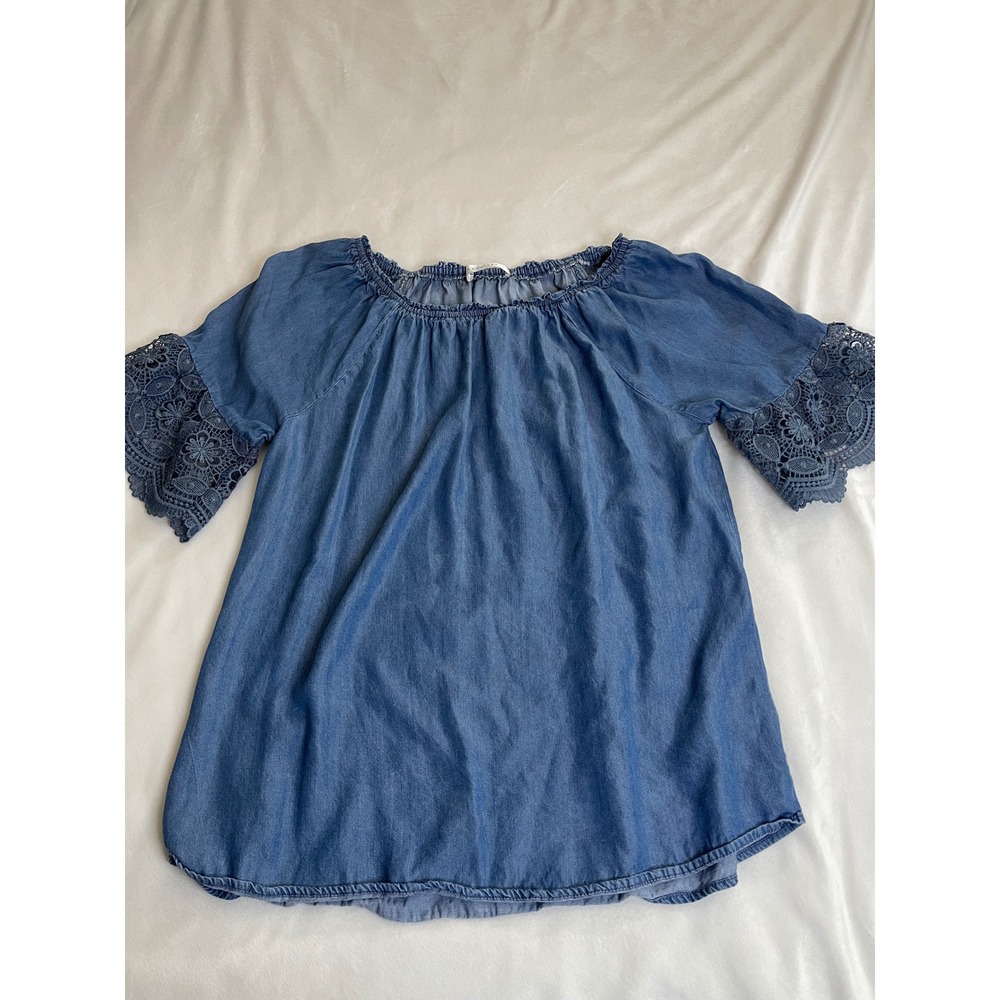 Retrology Womens Blue Chambray Crochet Lace Bell Sleeve Boho Blouse Top Small